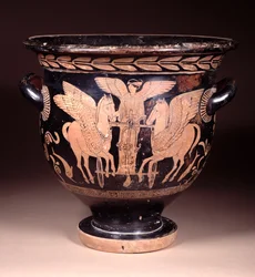 Rotfiguriger Glockenkrater, der Eos zeigt, wie sie ihren Wagen aus dem Meer fährt, lukianisch, ca. 440-420 v. Chr.